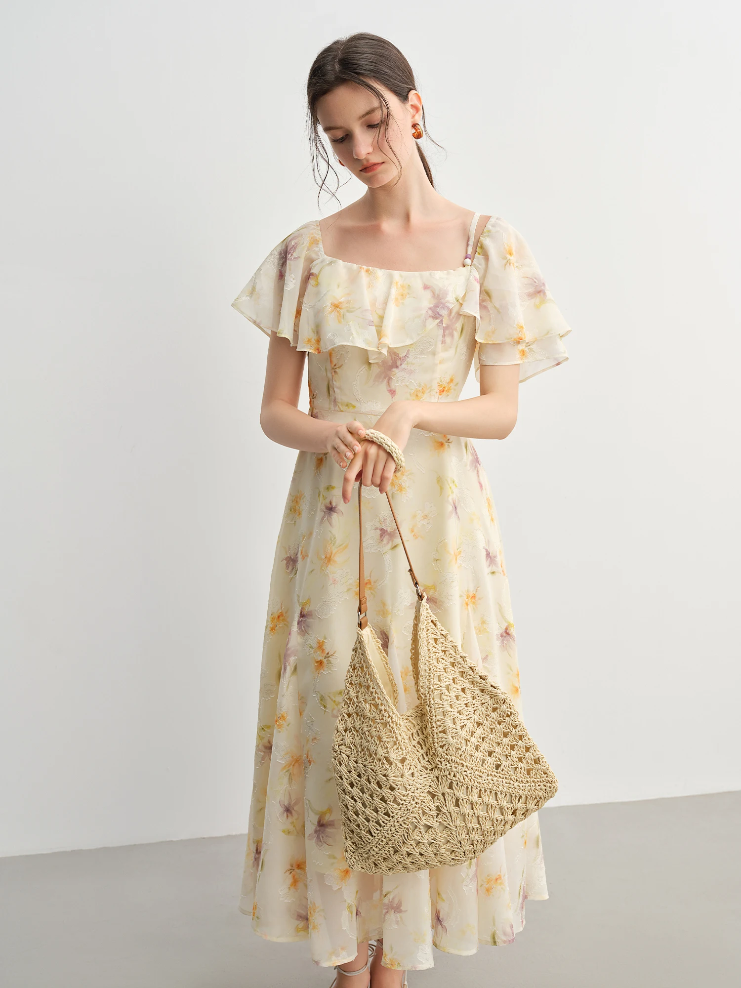 ​ DUSHU Sommer 2025, bedrucktes Kleid – fließender Rüschensaum, botanisches Midi-Maxi-Resort zum Büro ​