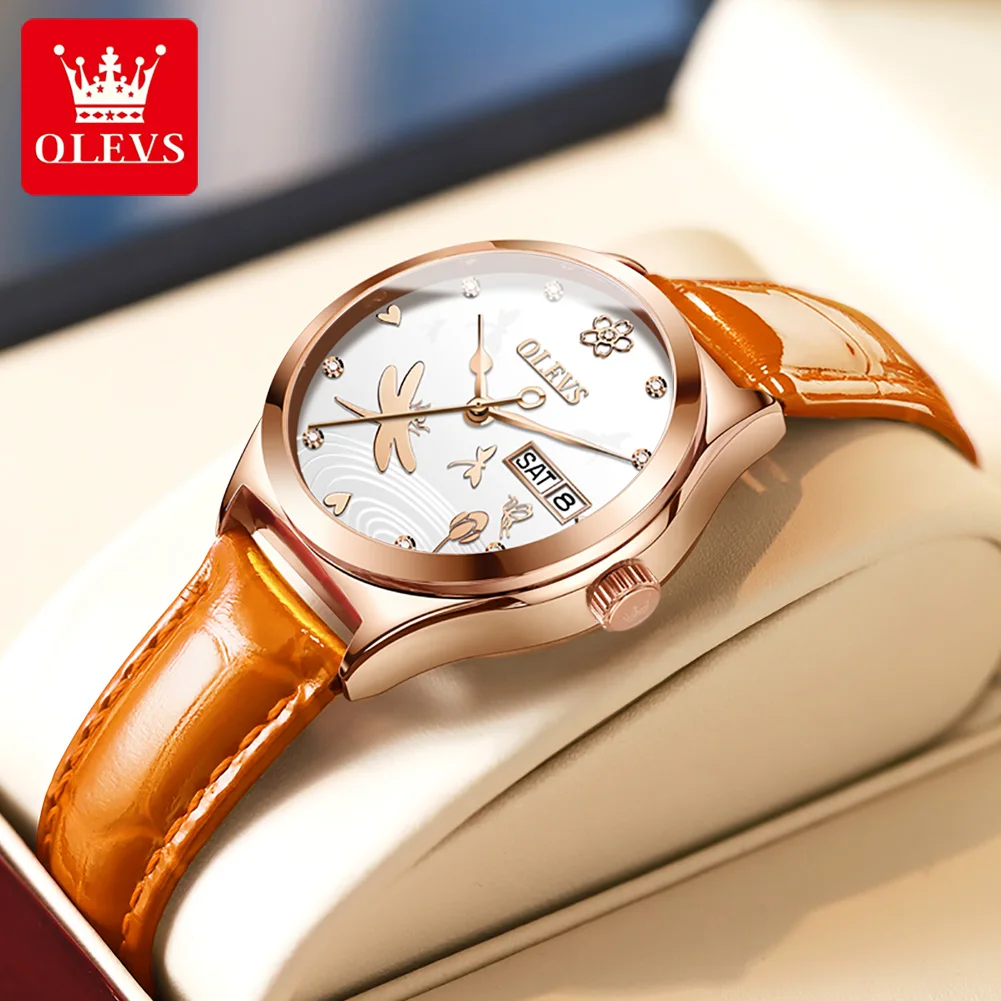 OLEVS Brand 2024 New Fashion Women Automatic Mechanical Watch Luxury Leather Strap Elegant Ladies Watch Waterproof Clock Reloj