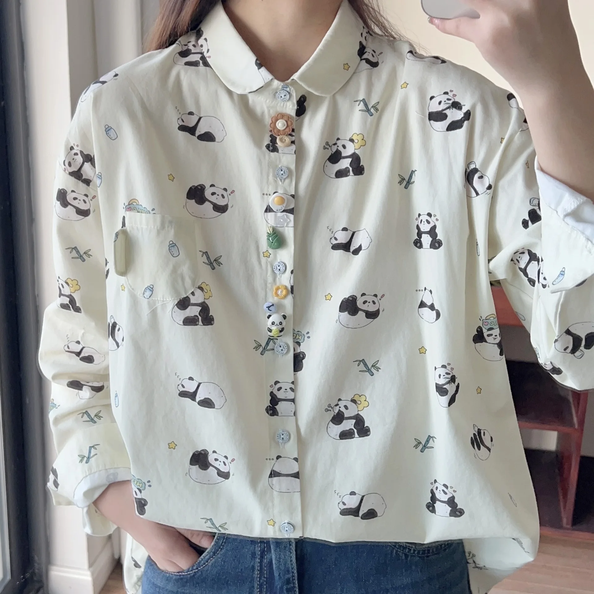 New Autumn Cotton Shirts Women Lapel Collar Tops Girl Long Sleeve Panda Print Cute Casual Peached Thick Blouses Spring T30410QM