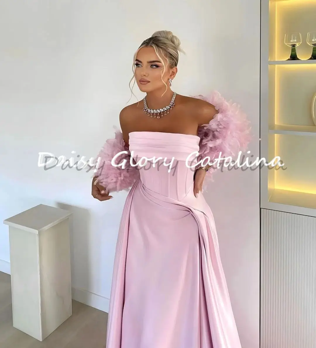 Pink Strapless Evening Dresses for Women Feather Sleeves Mermaid Prom Dress Gorgeous Simple Wedding Party Dresses 2024