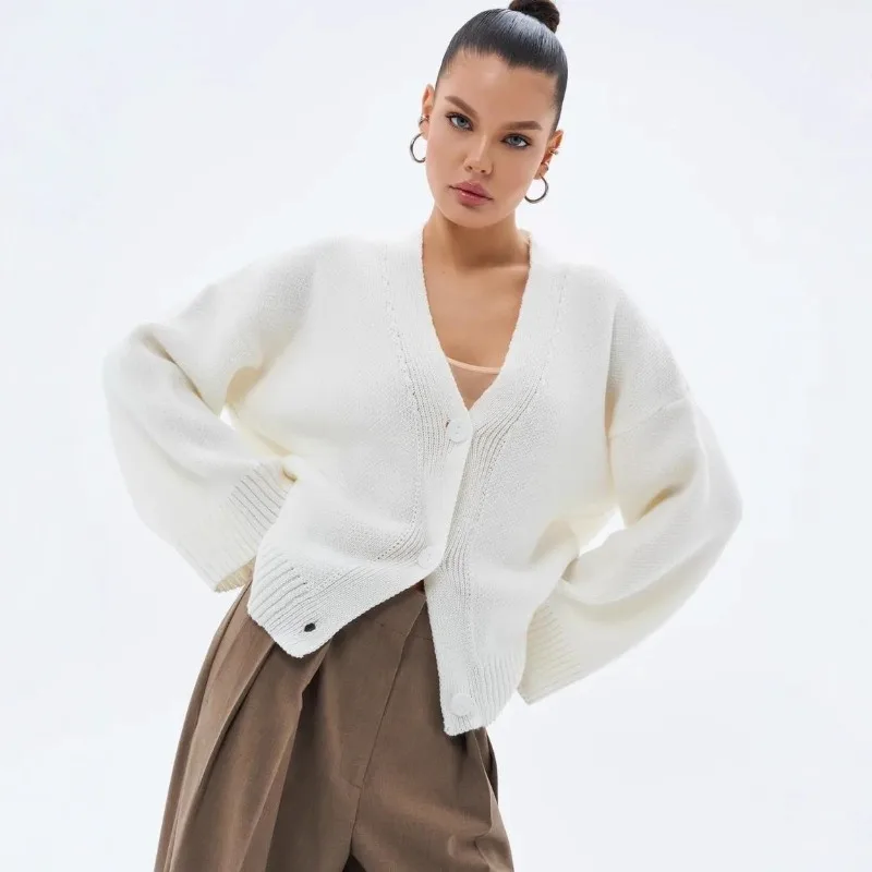 Single Breasted Women‘s Clothing Loose Pink Solid V-neck Knitted Jacket Casual Stylish Warm Short Sweater Cardigan Elegant Fancy