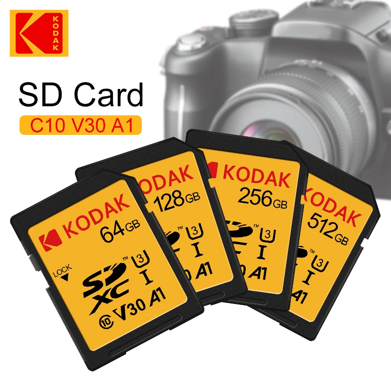 KODAK SD Card High Speed U3 64GB/128GB/256GB/512GB SDXC V30 for 4K HD SDHC Memory Cards Full Size for Camera