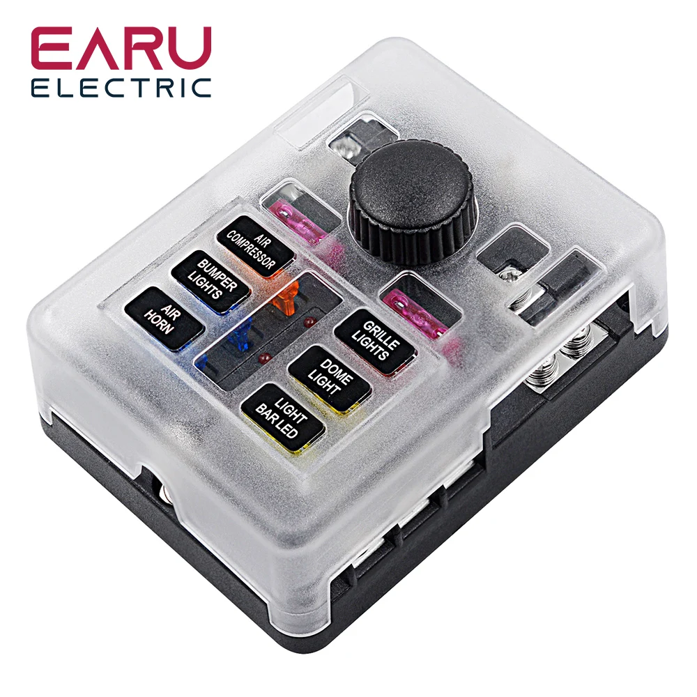 Car boat fuse box bracket, small black cap, independent positive and negative poles, 6 in and 6 out, with LED indicator light fu