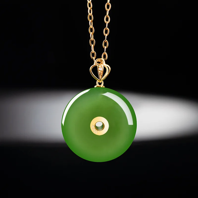 

Natural Green Jade Safety Buckle Pendant with 18K Gold Inlaid Imperial Green Necklace for Women Noble Elegant Rich Lady Jewelry