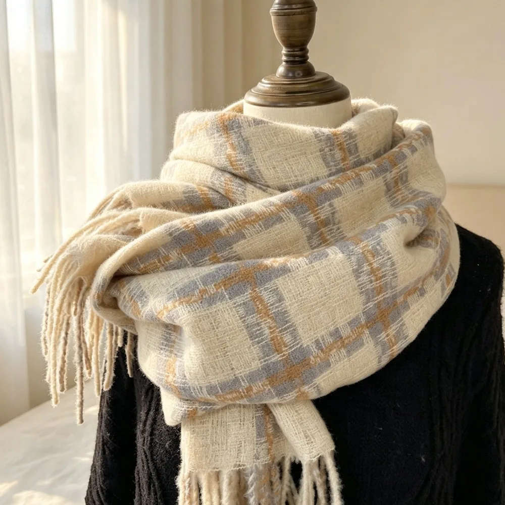 Durable Faux Cashmere Women's Scarf Thickened Plaid Pattern Neck Warmer Warm High Grade Winter Scarf Fall Winter Wear