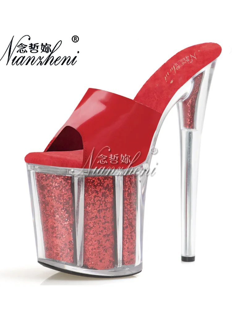 Exotic Red 13cm Sexy Fetish Women Shoes 20cm Nightclub Concise Platform Slippers Stripper Heels Peep Toe 7Inches Gothic Big Size