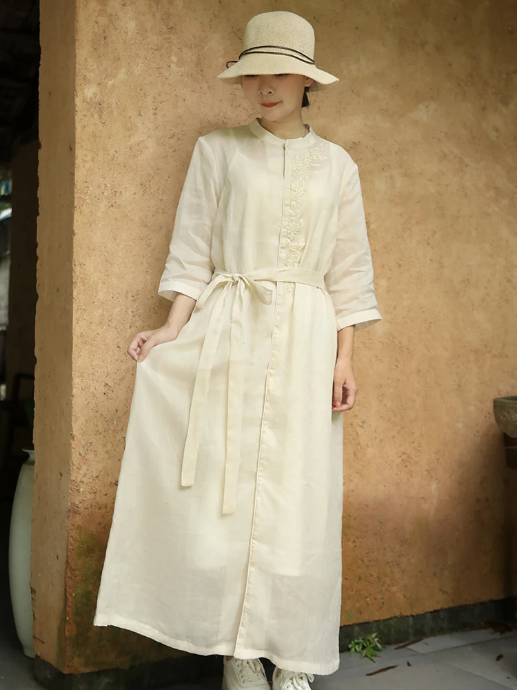 

Ele Simple Summer New Sle Women's Cotton Lin Dr Embroidered Casual Belted High Waist A-Line Skirt Chinese Sle