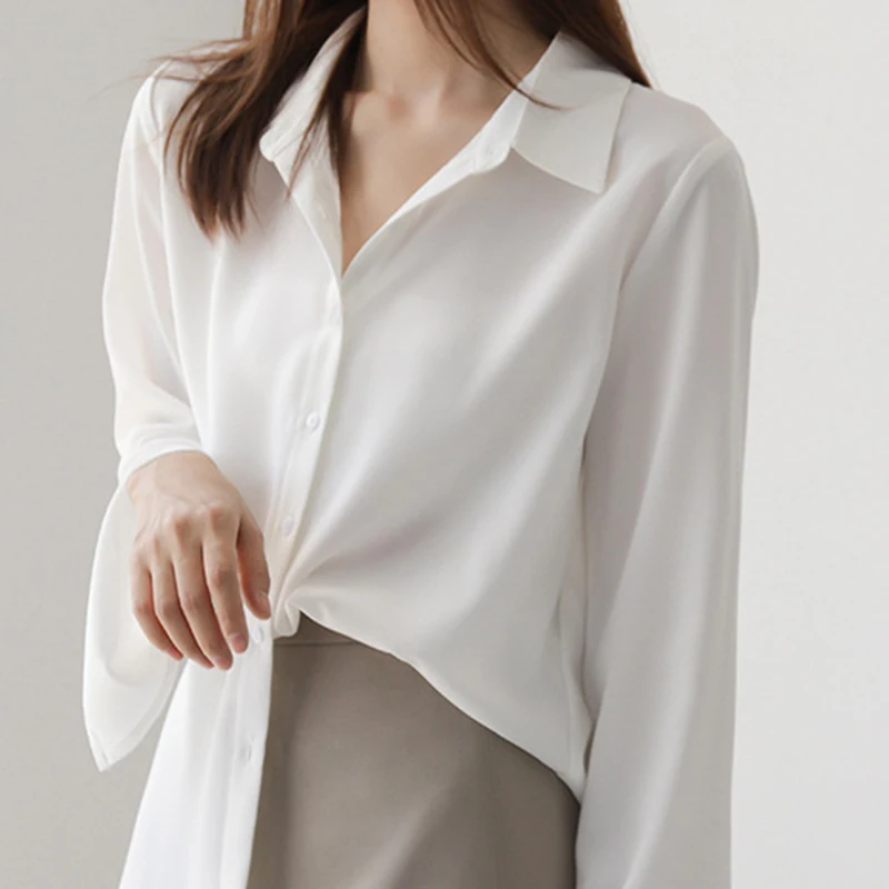 Women Flared Sleeves Chiffon Shirt Korean Fashion Casual Loose Long Sleeve Tops Y2K All Match Elegant Female Blouse New