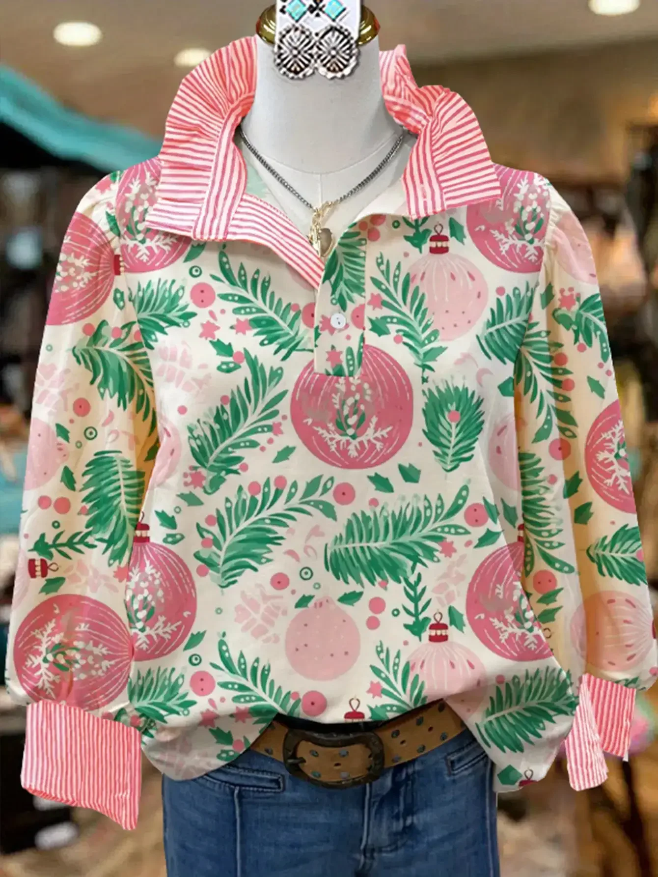 

Ladies' elegant printed button top, machine washable for casual parties in autumn and winter, comfortable pullover design