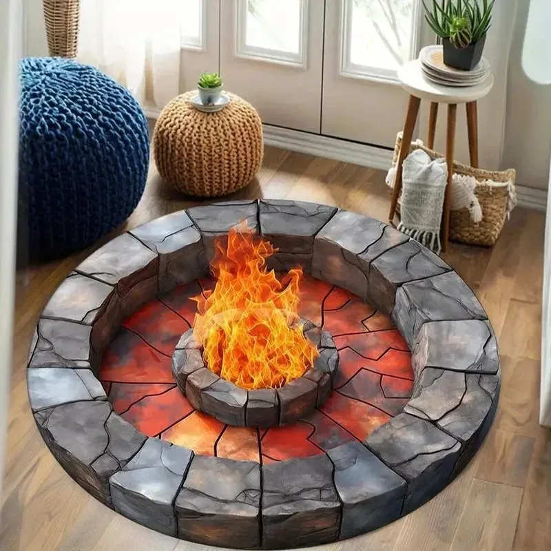 VIKAMA 3D Cracked Lava Hole Optical Illusion Round Rug Volcano Crack Visual Trick Non Slip Gaming Room Floor Decor Mat