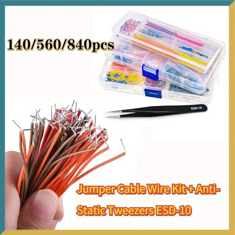 140/560/840pcs U-shaped Solderless Breadboard Jumper Cable Wire Kit with 1pc Anti-Static Tweezers ESD-10, for PCB Circuit board