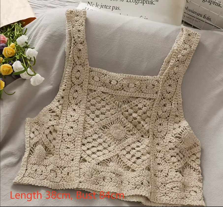 Sleeveless Crochet Top Sheer Embroidery Lace Open-knit Crop Tank Tops for Women Spring Summer Boho Vacation Outfit