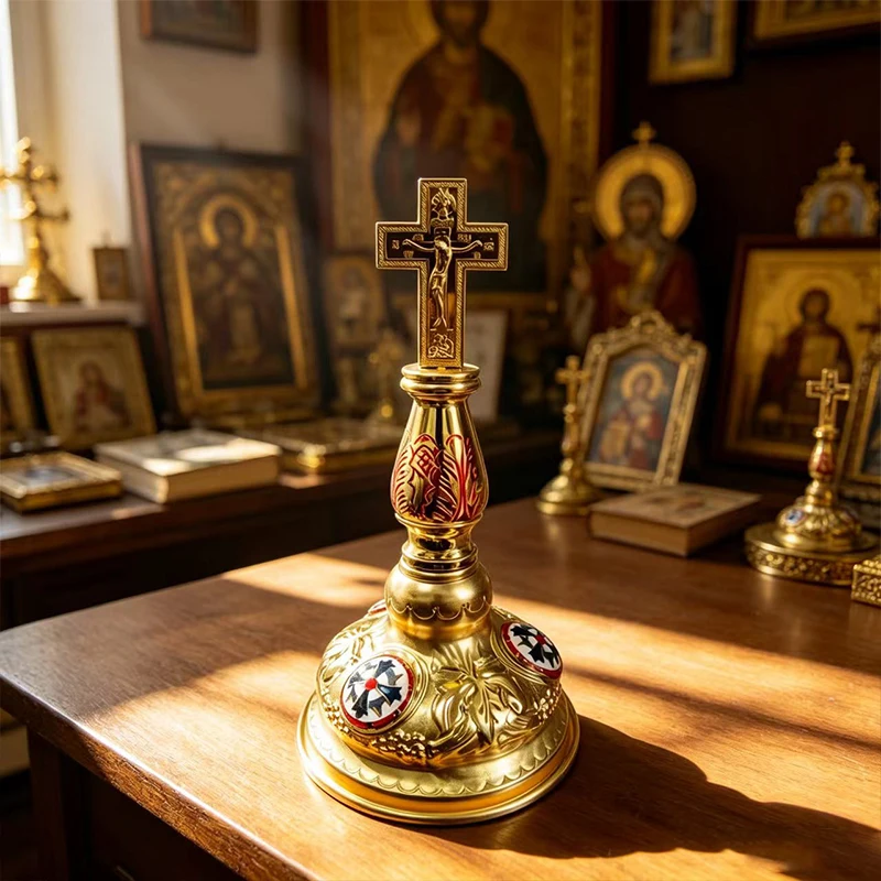 

Gold Plated Standing Crucifix Cross with Enamel Details & Jesus Corpus for Church Home Altar Prayer Christian Religious Decor