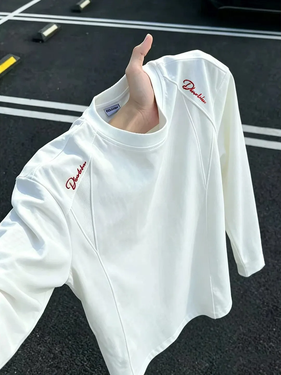 American Deconstructed Patchwork Embroidered Long Sleeve Men's T-shirt Heavyweight Shoulder Sweatshirt Loose Base Layer Shirt