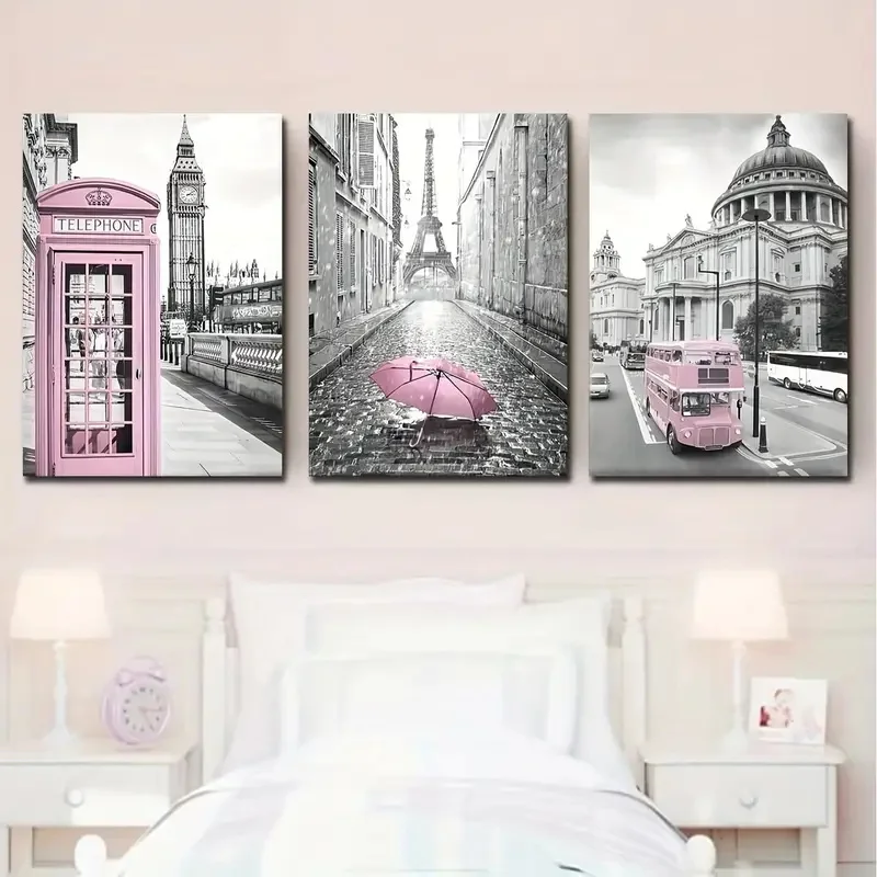 3pcs Modern Art Canvas Poster Eiffel Tower Girls Bedroom Decoration Lightpink Paris Theme Wall Art Living Room Corridor Decor 3