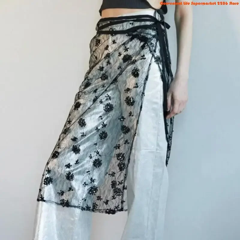 G92D Women Tie Up See Through Sequins Flower Lace Long Skirt Apron Hip Wrap Scarf