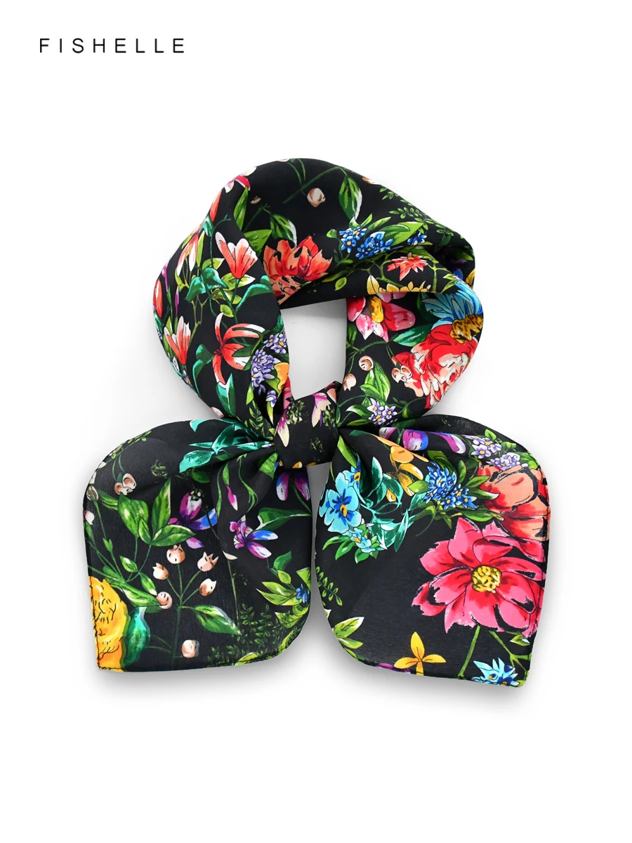 

Черные цветы, 100% натуральный шелковый шарф, шаль, квадратный шарф, галстук, крепдешин, хиджаб, носовой платок, женский подарок, повязка на голову