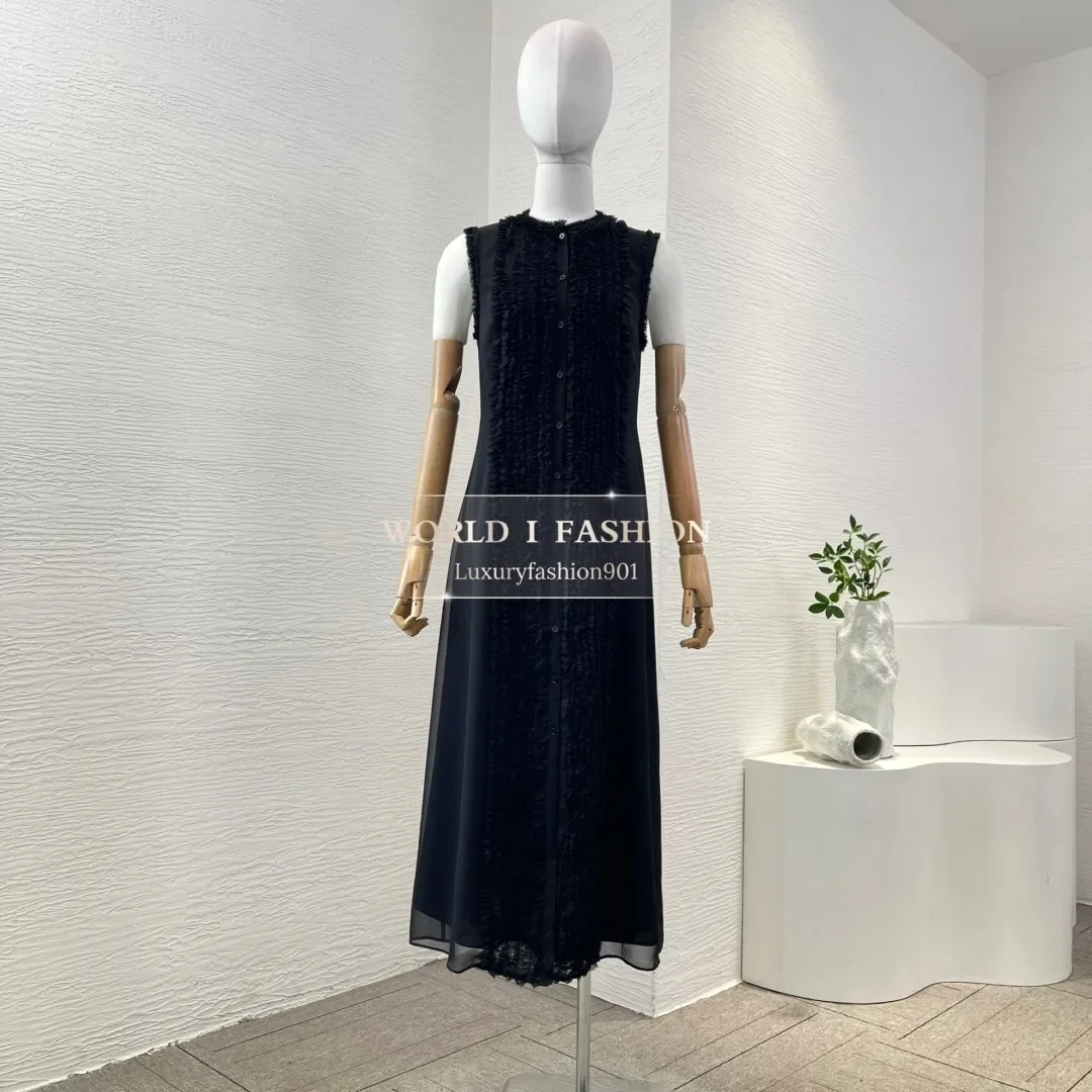 

2025 New Black Sleeveless Ruffles Pleat Women's Casual Midi Dress