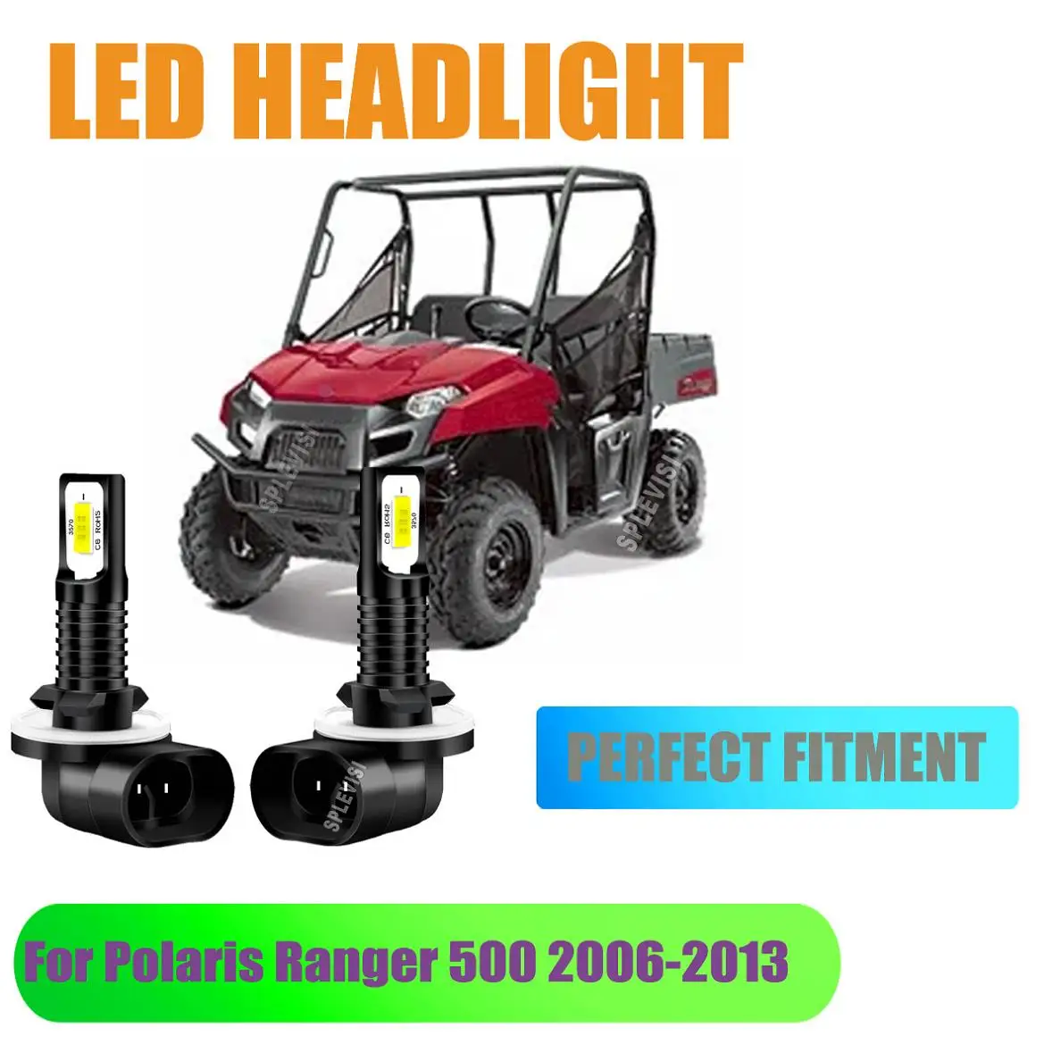 12v LED White Headlight Bulbs- larger density and more uniform color For Polaris Ranger 500 2006 2007 2008 2009 2010 2011 2013