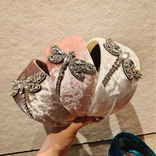 Imagen 1 del producto Nuevo Diadema de libélula Retro de terciopelo de Color sólido con diamantes de imitación, diadema ancha y cálida de alta gama