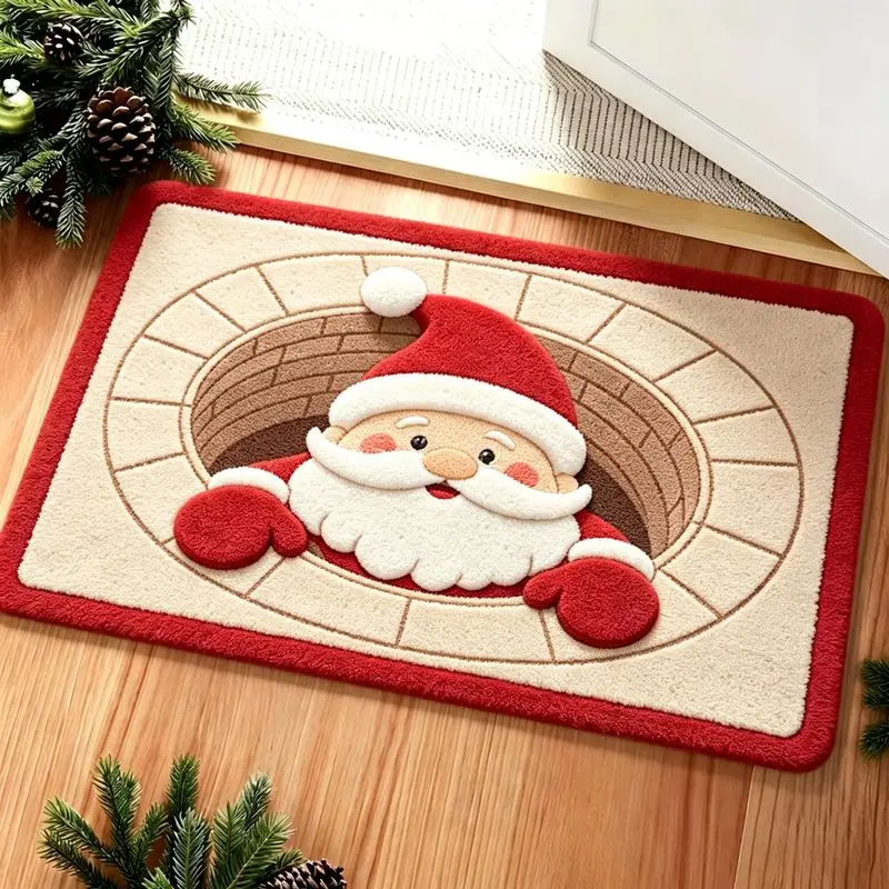 VIKAMA Christmas Santa Chimney 3D Door Mat Non Slip Welcome Rug For Entryway Front Porch Indoor Outdoor Xmas Home Decor