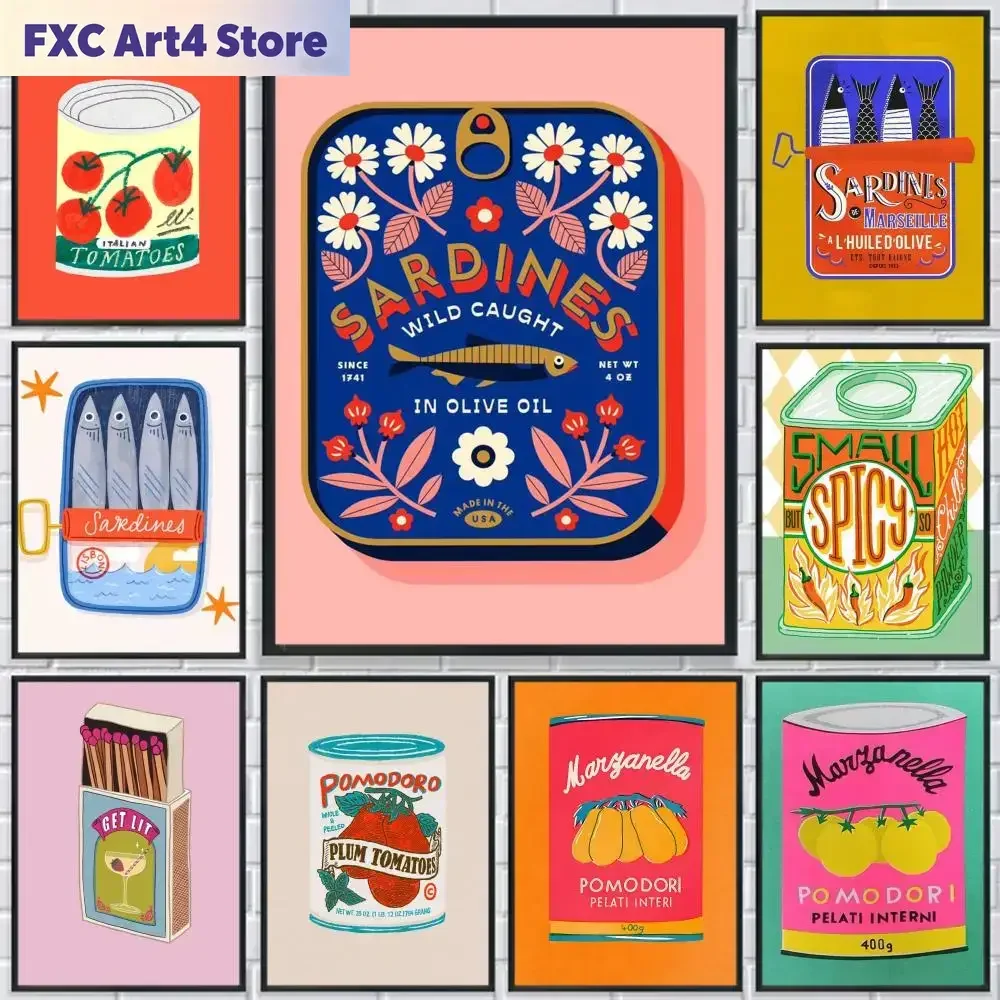 Póster de sardinas y tomates sin marco, arte de pared autoadhesivo HD, decoración versátil para cualquier espacio | Idea de Regalo Perfecta
