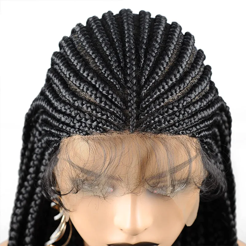 Peruca Lace Front Cornrow Tranças para Mulheres, Perucas Trançadas Sintéticas, Cabelo Trançado, Caixa Sem Nós, Peruca Ombre, 13x8, 36"