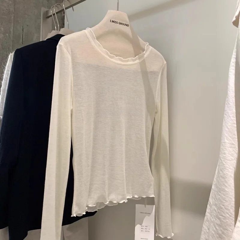 

Футболка с эффектом похудения Long Sve round Ne, женская тонкая универсальная футболка, одинаковый весенний повседневный однотонный кружевной отделкой