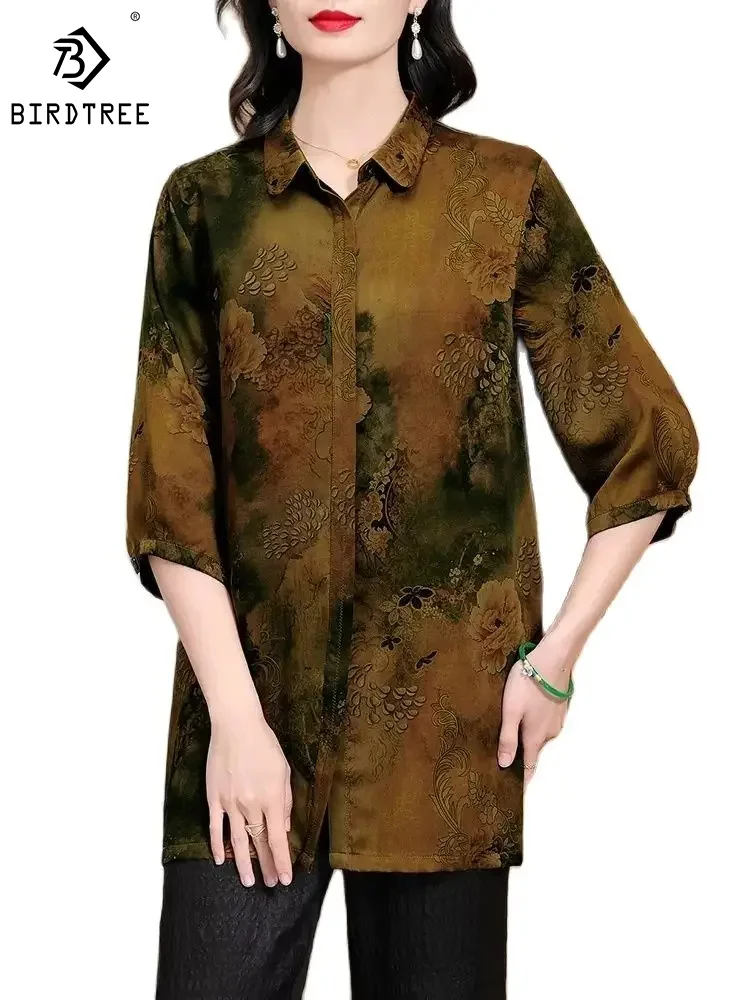 

BirdTree,Watered Gauze Floral Print Loose,100%Mulberry Silk Shirt for Women,Retro OL Blouses,2024 Spring New Tops,T42332QM