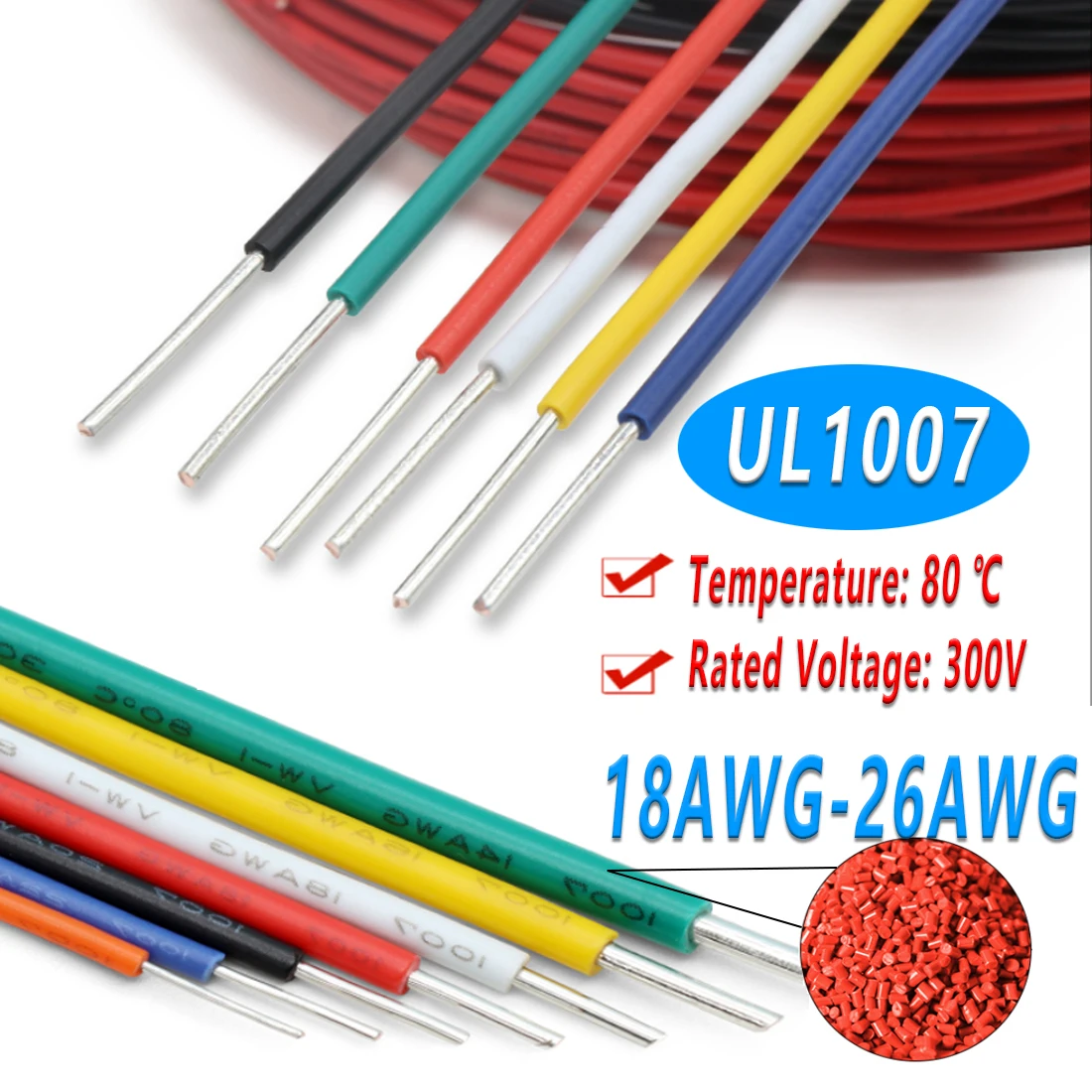 

UL1007 5/10m, 14~26 AWG Copper Wire Rope PVC Insulated Tinned Single Core LED Wire DIY Device Cable Multiple Colors