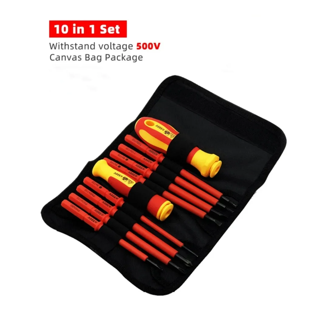 

10pcs VDE Insulated Screwdriver Set - Professional & DIY Use with Magnetic Interchangeable Blades for Safe Electrical Work