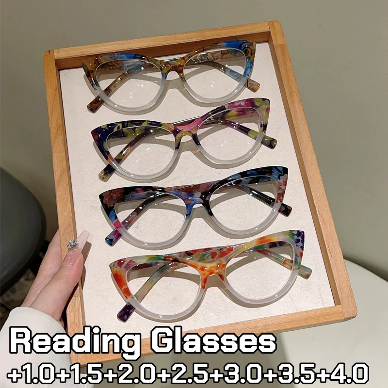 

4 Colors Fashion Cat Eye Reading Glasses for Women Casual and Stylish Style Plastic Frame Anti Blue Light Presbyopia Eyeglasses