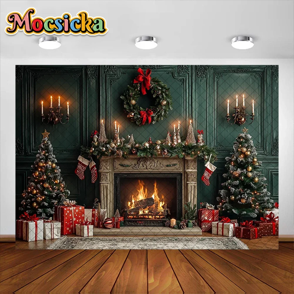 Mocsicka Photography Background Christmas Tree Garland Fireplace Decoration Supplies Women Kdis Holiday Photo Portrait Backdrops