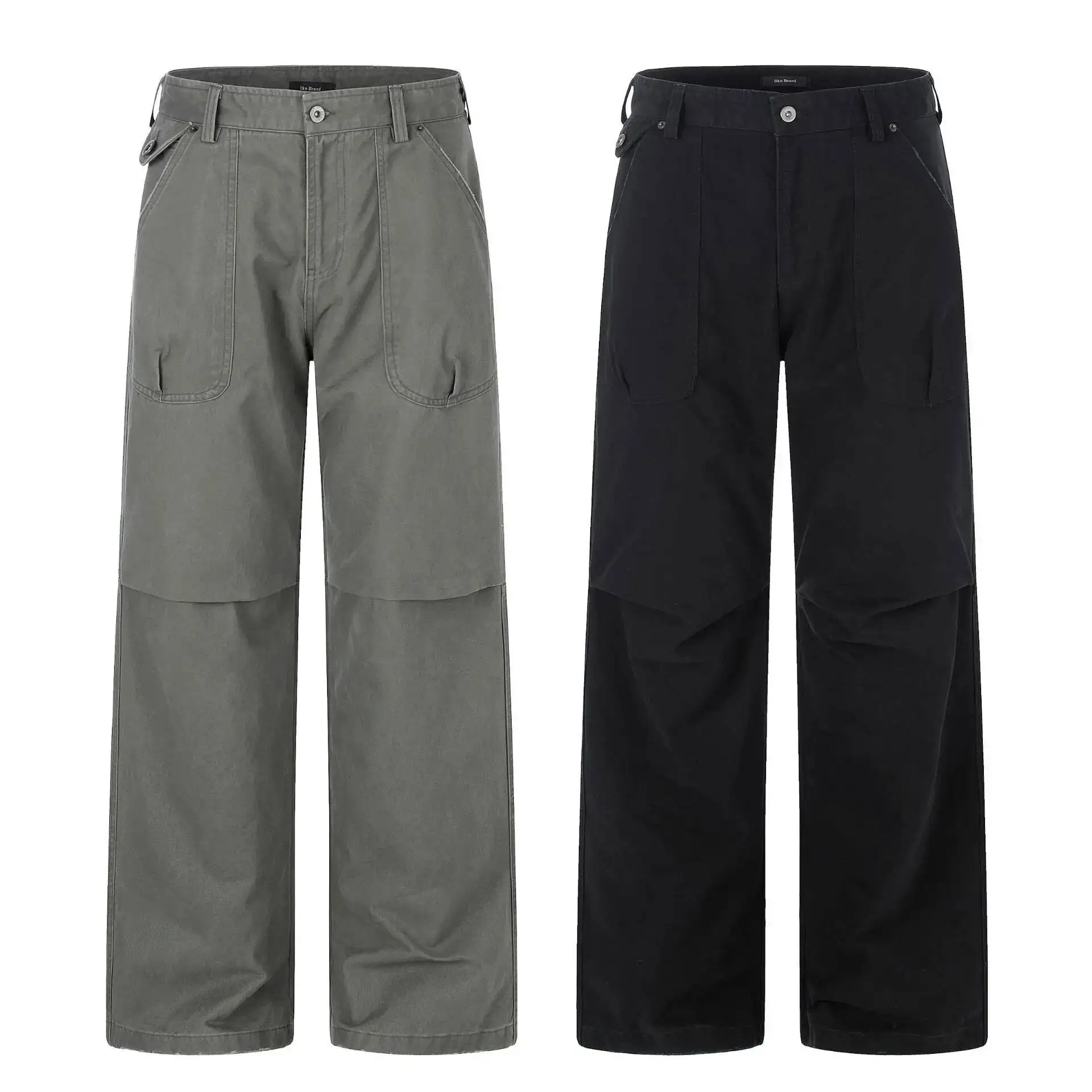 Men's Cargo Pants Gray Washed Vintage Straight Trousers Loose High Street Large Pocket Pleated Wide Leg Bottoms CL4T