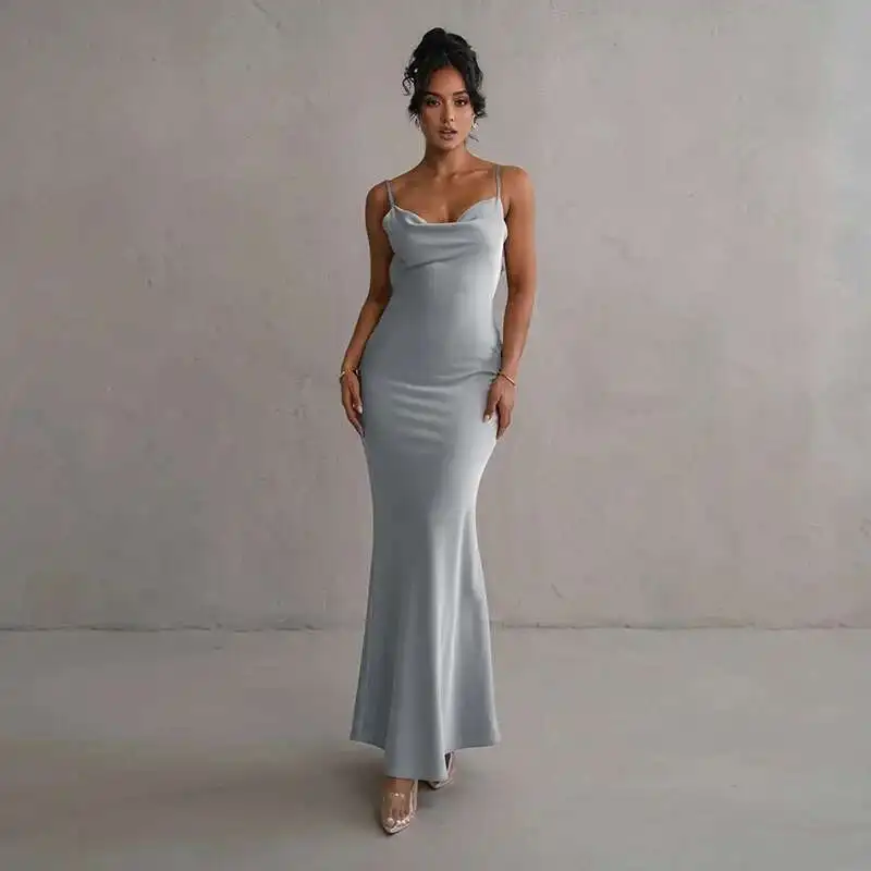 Vestido feminino de cetim com flores, vestido longo de verão com gola única, vestido de festa para boate