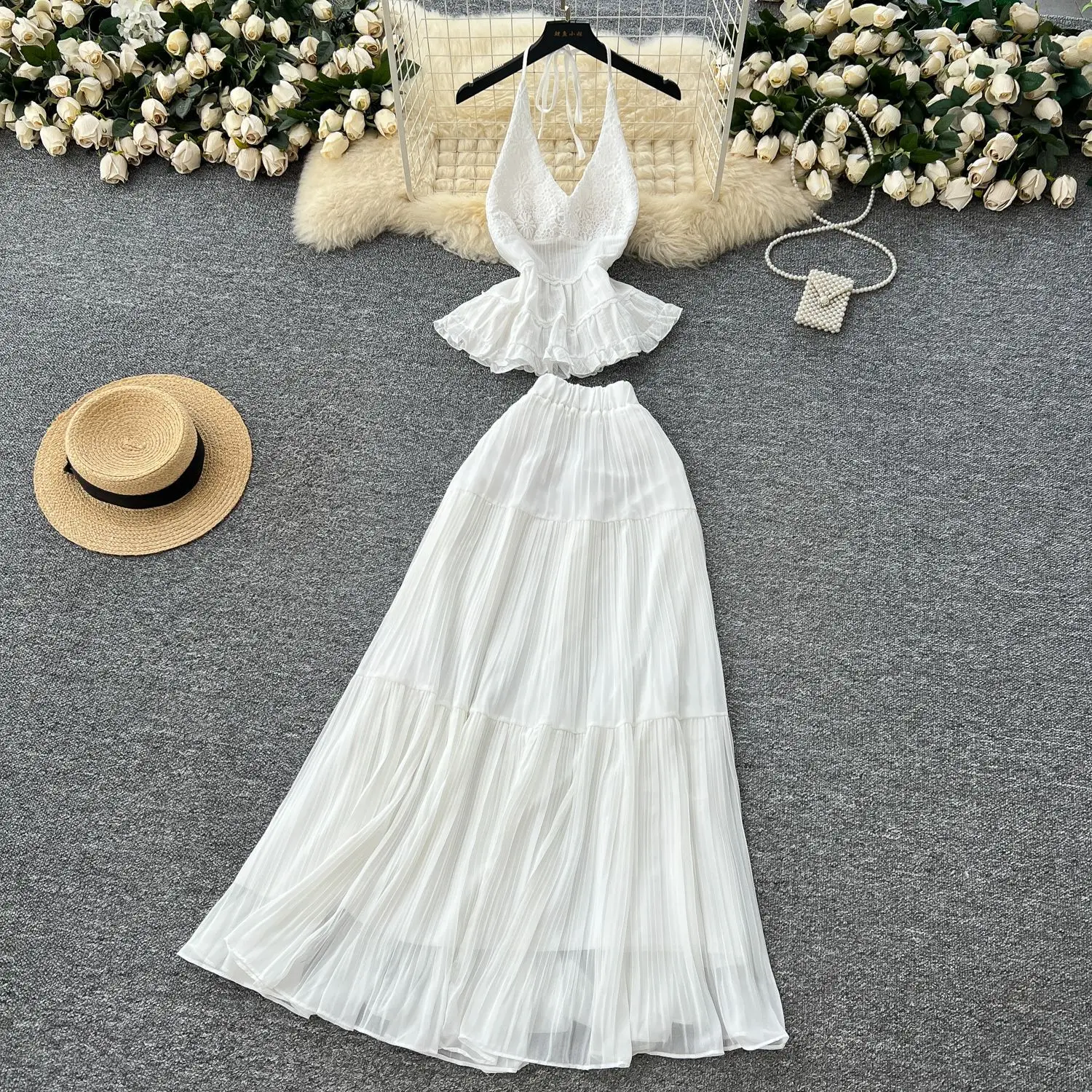 

Women Two Piece Sets Skirt Set Halter Sexy Sleeveless Tops Long Skirts A Line High Waist Y2k Streetwear Elegant Work Spring 2026