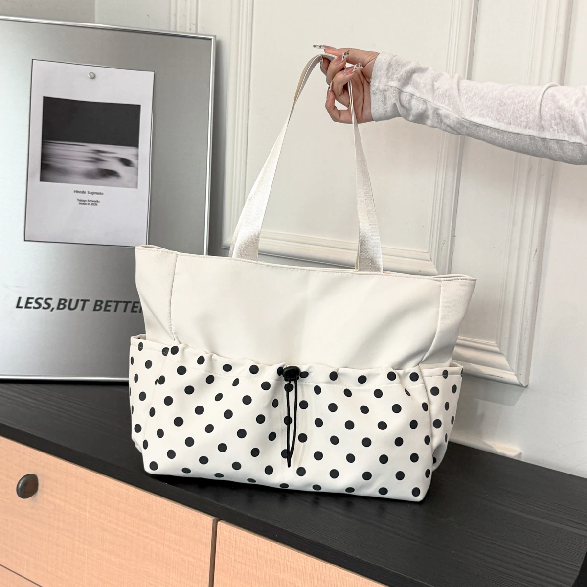 

Polka Dot Canvas Tote Bag for Women Large Capacity Shoulder Bag with Pockets Casual Nylon Handbag for Work School Travel