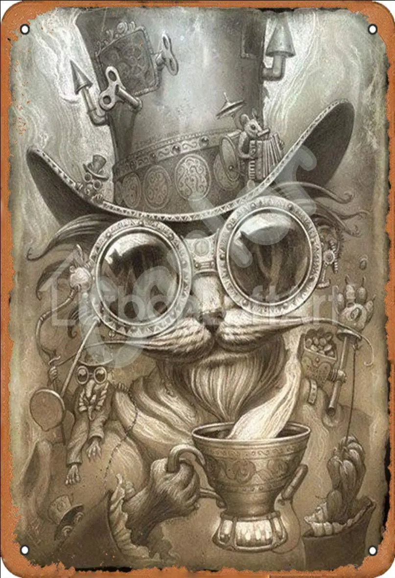 Mechanical Cat Drinking Coffee Steampunk Poster Chic Vintage Wall Decor Metal Tin Sign 12 X 16 Inches sign sign