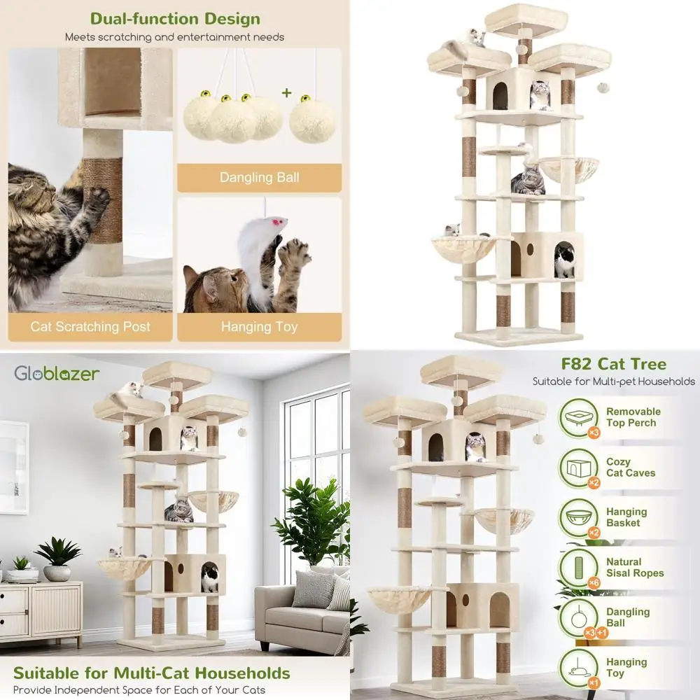 

Очень большая 82-бежевая кошачья башня высотой XXL, когтеточка, 3 хода, 2 кондиционера, 2 корзины для нескольких кошек в помещении