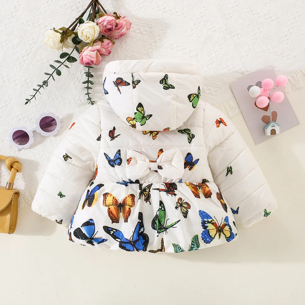 (0-3 Years Old Girls) Winter New Girls\' Down Jacket Butterfly Long Sleeve Hooded Warm Thick Padded Jacket for Baby Girls