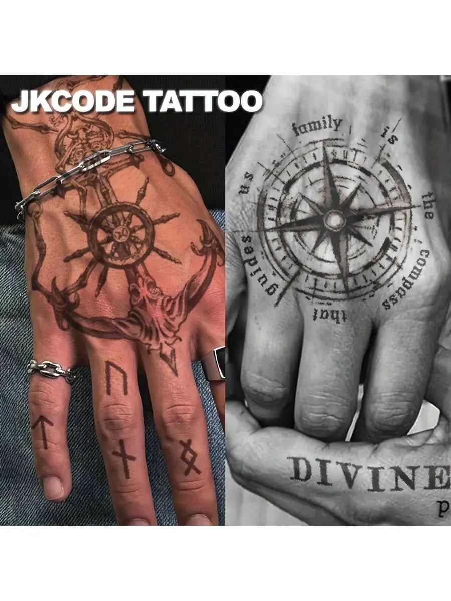 Herbal tattoo with a nautical theme in a cool style - English text: DEVINE - Compass that loves home - Chain compass pattern with English sentence - Casual tattoo for men and women for hands, neck, and head, long-lasting and waterproof for 15 days