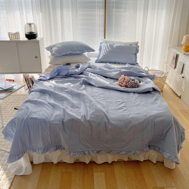 Colcha de gasa de algodón coreano Ins para cama, manta acolchada, cubierta de cama, decoración de habitación, tamaño King y Queen, verano, 4 piezas por juego