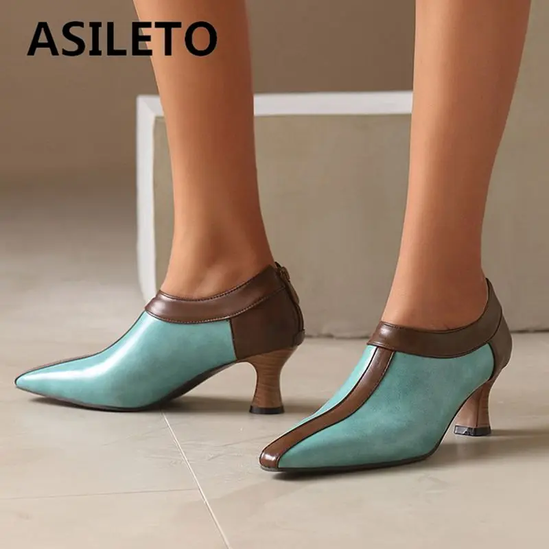 

ASILETO Brand Women Pumps Pointed Toe Strange Heels 5.5cm Zipper Mixed Color Vintage Office Lady Spring Shoes Big Size 49 50