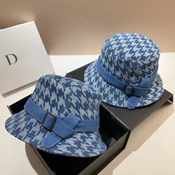 Luxury Houndstooth Women's Denim Bucket Hat Summer Spring Flat Fisherman Hat Korean Fashion Casual Outdoor Beach Sun Hats