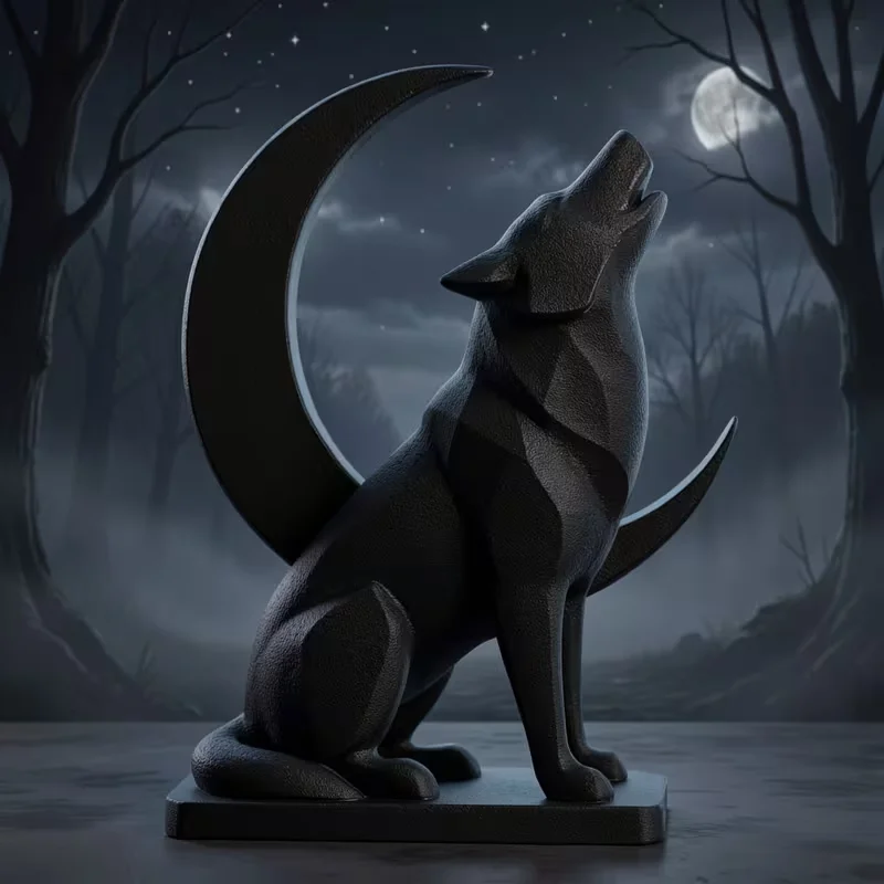 Gothic Wolf and Moon Statue - Black Wolf with Intricate Texture and Glowing Eyes, Night-Themed Desktop Decor