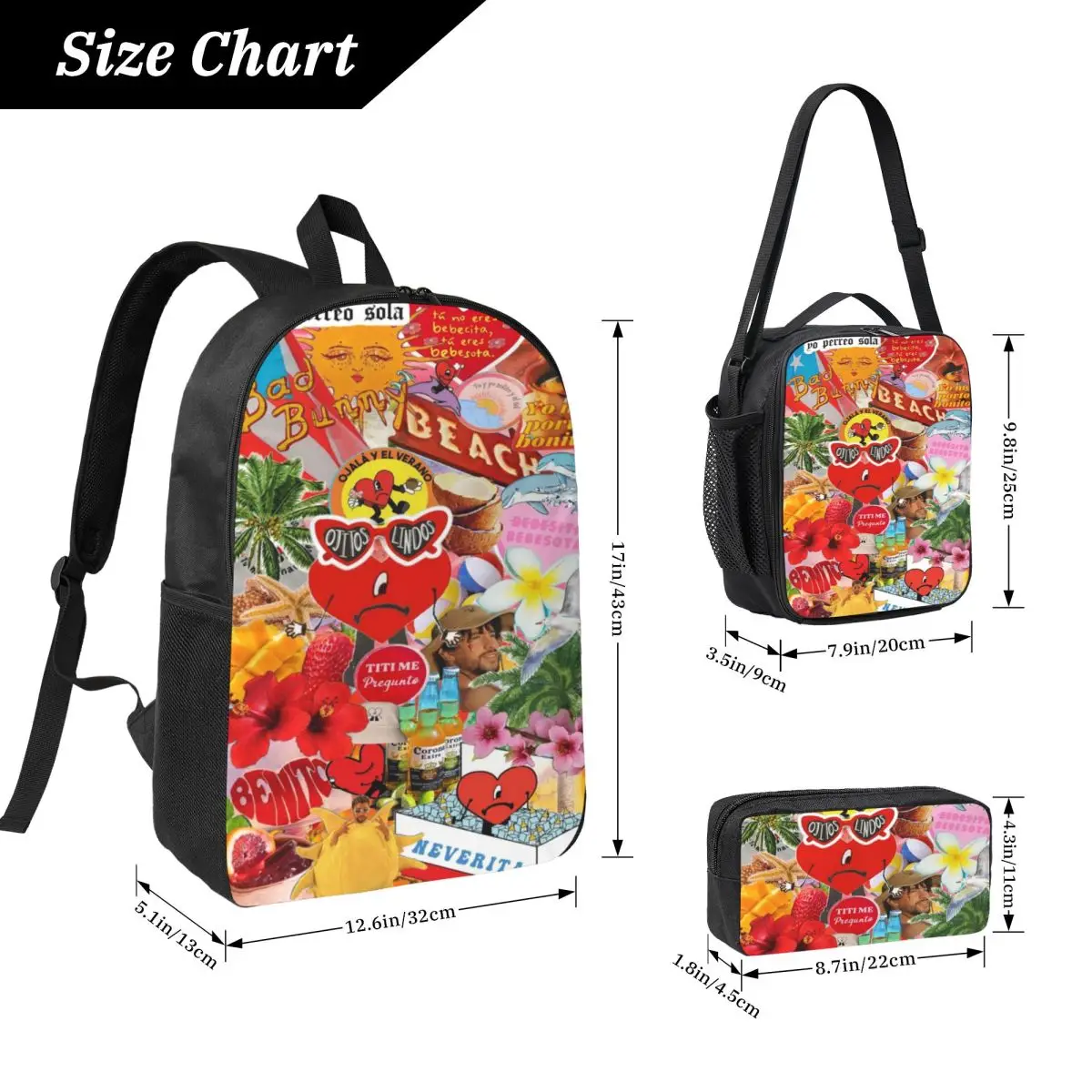 3Pcs Debi Tirar Mas Fotos DTMF Bads Bunnys Music Tour Accessories Backpack Set for Kids Pencil Boxes Bookbag Sets with Lunch Box
