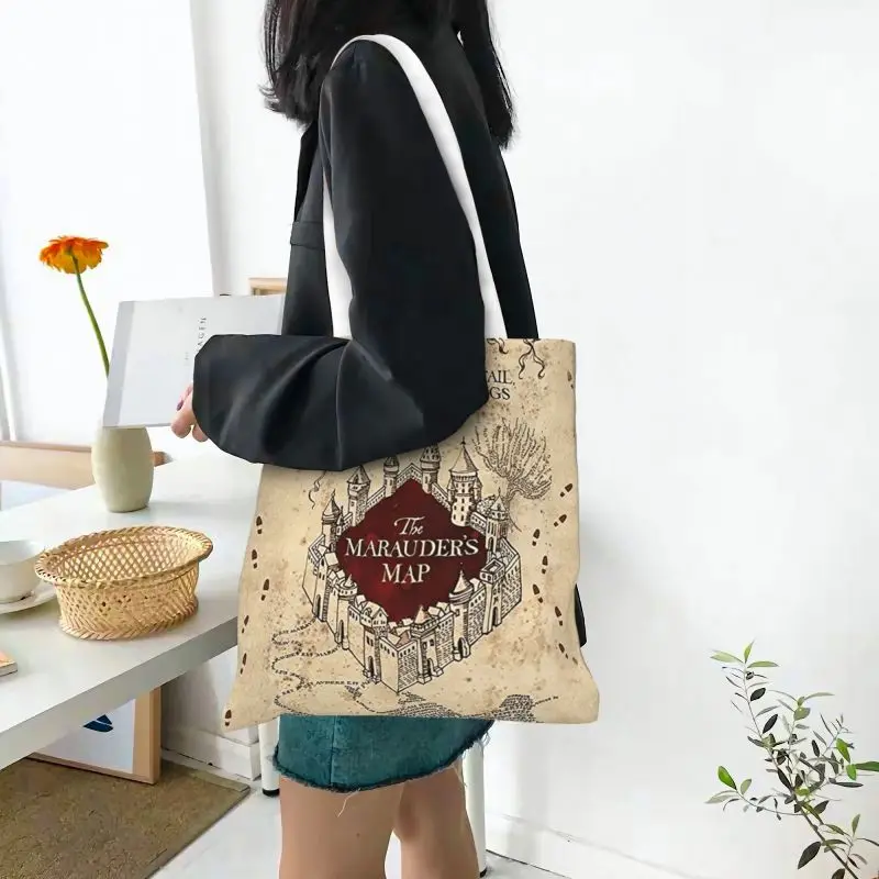 Custom Funny Printed Magic Marauders Map Tote Shopping Bags Recycling Canvas Shopper Shoulder Handbag