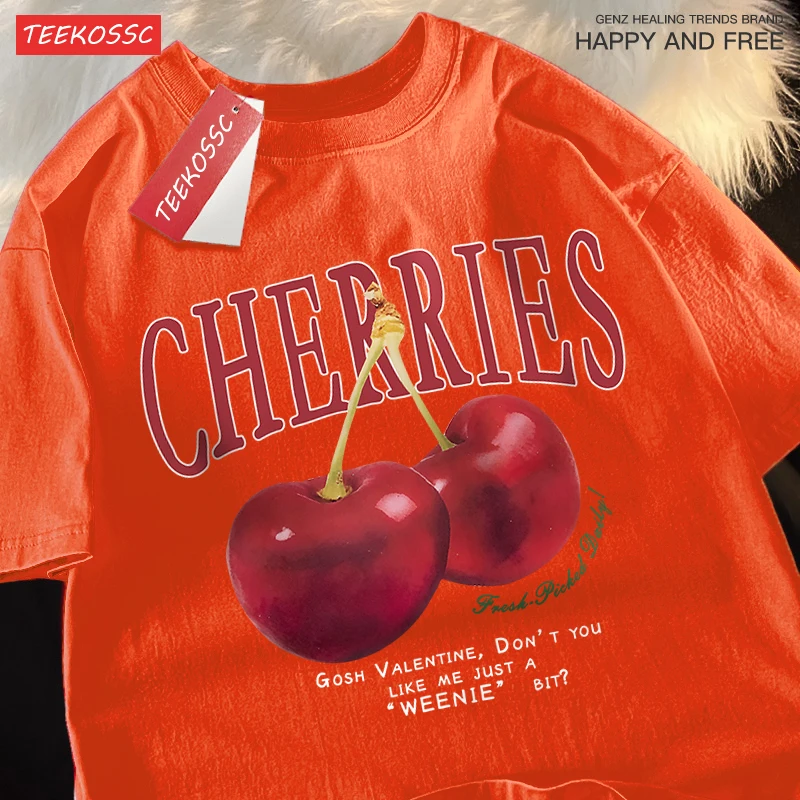 Cherries Fashionable Fruits Men Women Clothes Pattern O-Neck Clothing Pattern Loose Tops Simplicity Crewneck Couple T Shirts