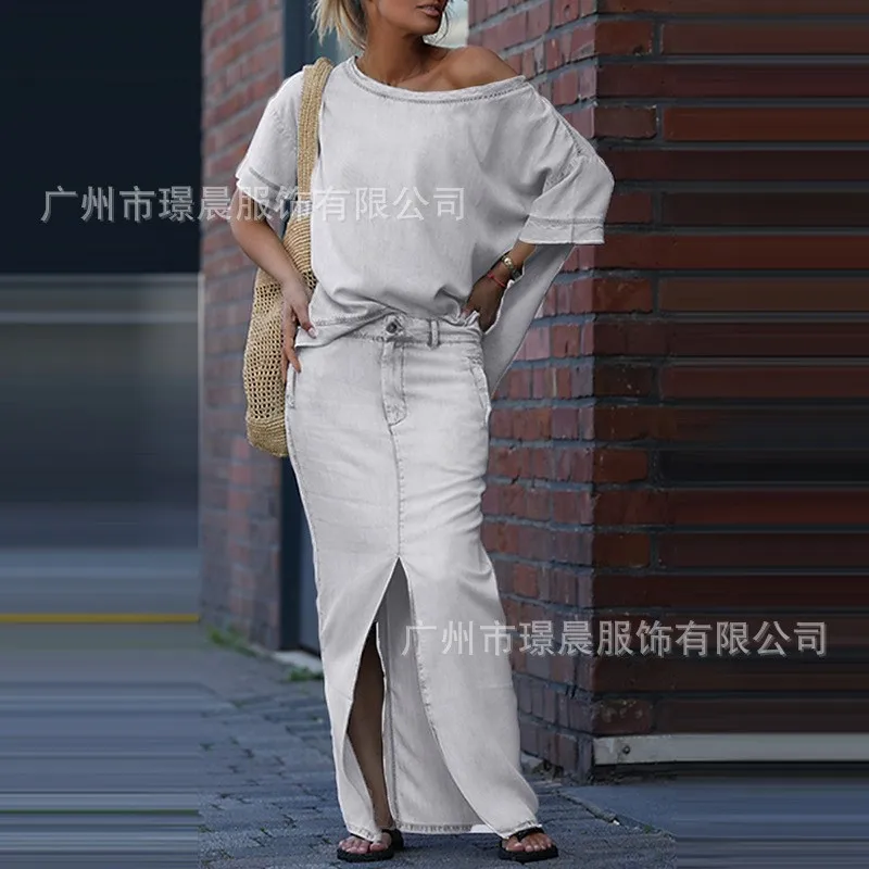 المرأة الربيع الصيف جديد 2 قطعة مجموعة بلون موضة قصيرة الأكمام بلوزات سبليت تنورة فستان أنيق الزي Conjuntos Femininos