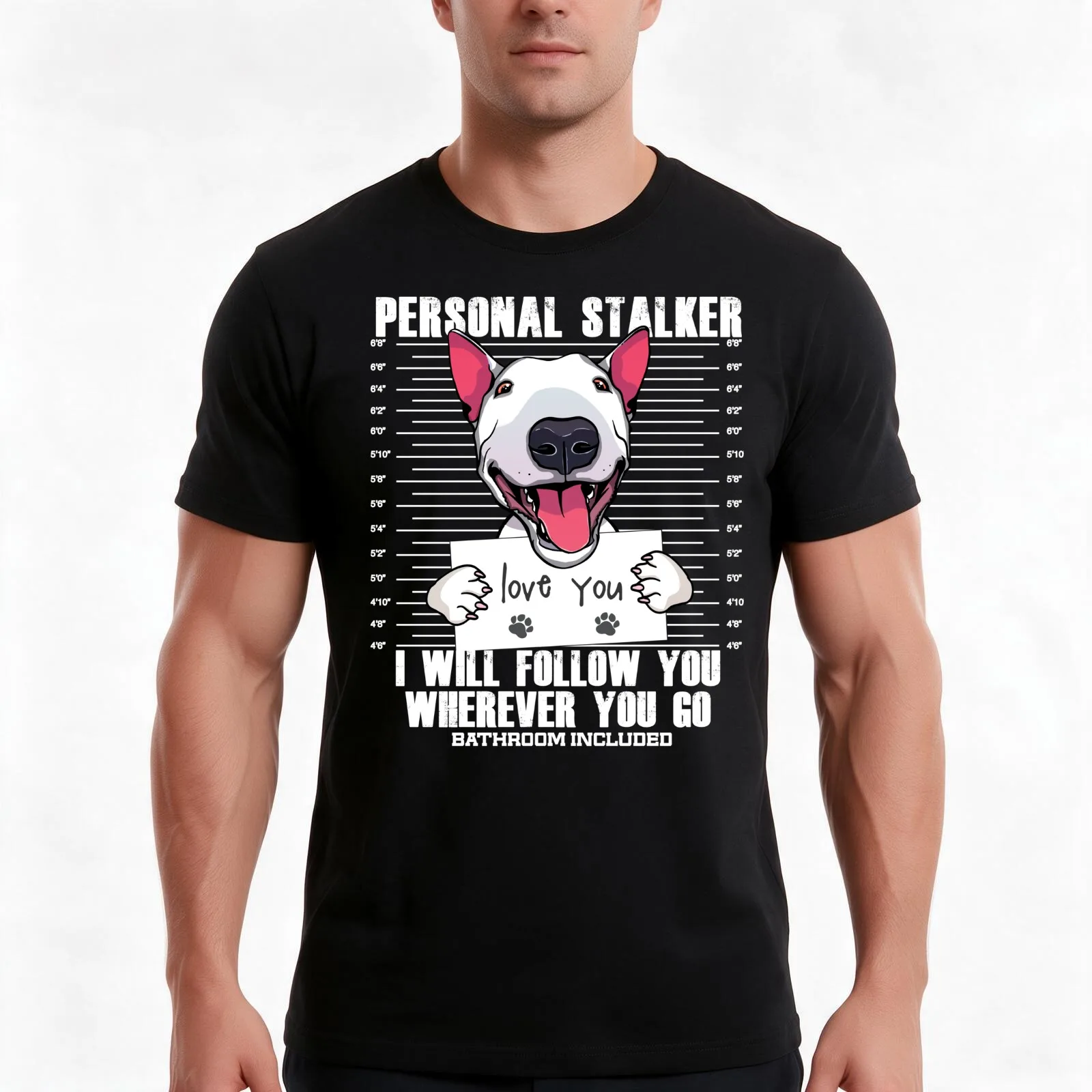 Funny Bull Terrier Stalker Cartoon Gift T-Shirt, Summer Casual Cotton Tee, Oversized Streetwear Tops, Vintage Graphic Print